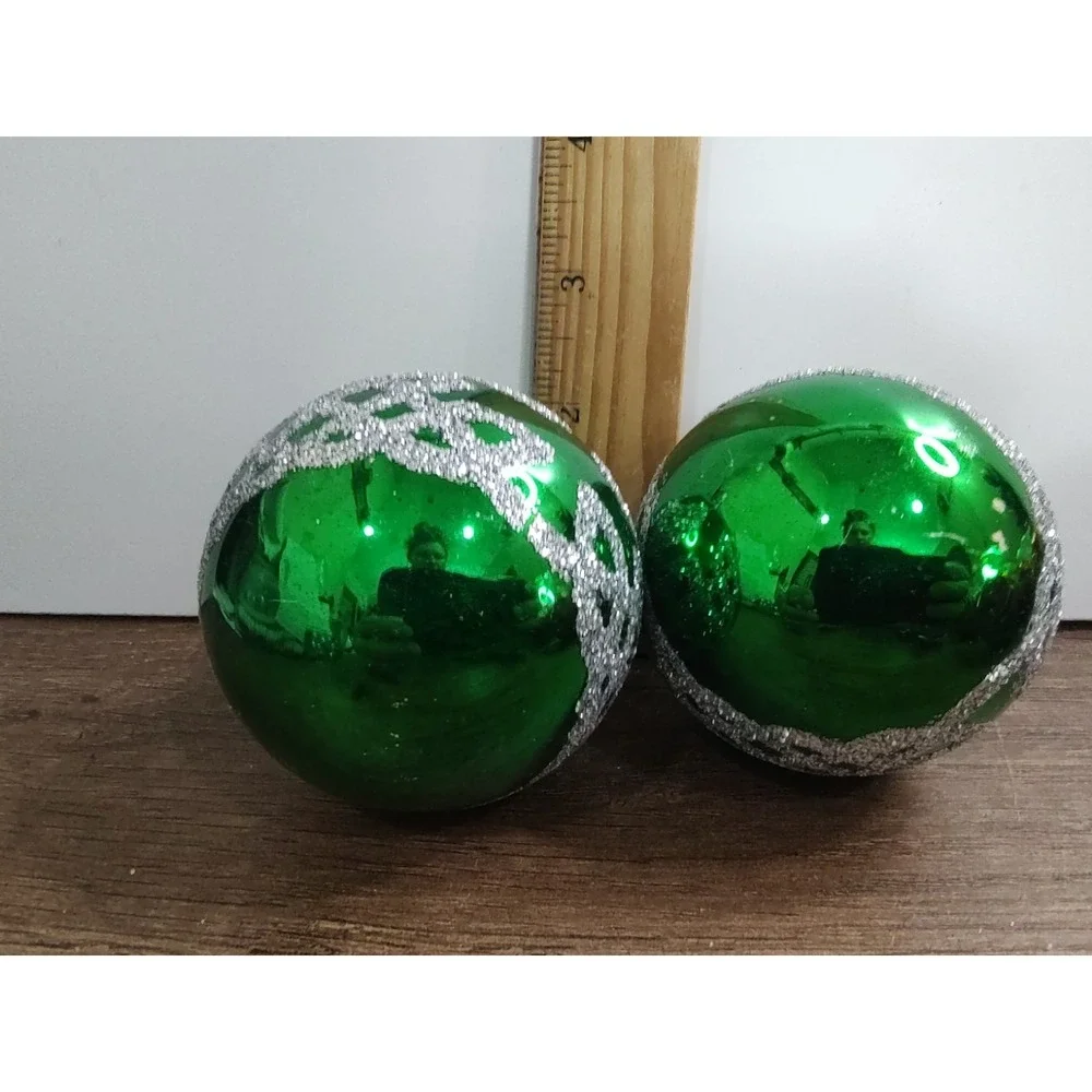 Lot of 2 Vintage Green Glass Ball Holiday Christmas Ornament Silver Glitter A17